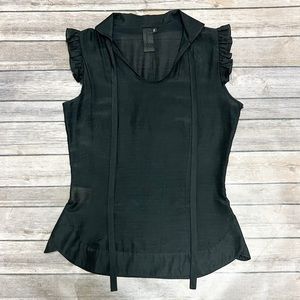Omorika Black Sheer Polka Dot Sleeveless Ruffle Tie Collar Silk Blend Top 2